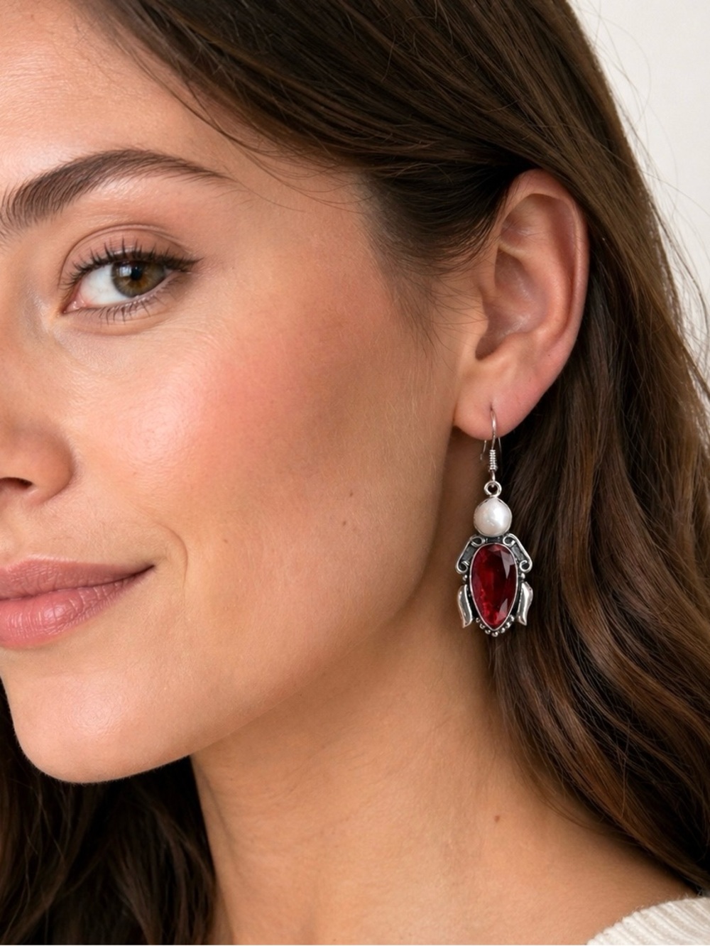 Stunning Pearl & Garnet Sterling Silver 2” Earrings